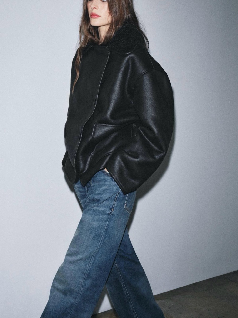 Zara Black Faux Leather Shearling-Trim Jacket
